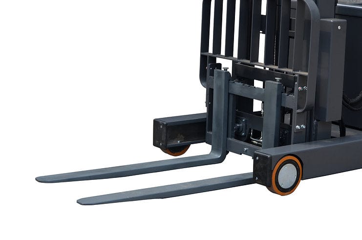 A close-up view of the adjustable forks and polyurethane wheels on the front of the EH15T Walkie Reach Truck.