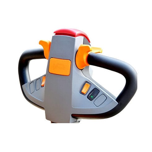 The orange and gray ergonomic control handle of the EH15T Walkie Reach Truck is featured on a white background, highlighting its shape and control layout.