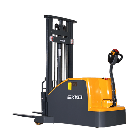 An orange and gray EKKO EK14C-130 Counterbalanced Walkie Stacker with a 3000 lbs load capacity on a transparent, checkerboard background.