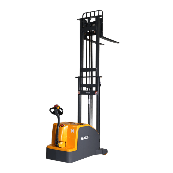 A front view of the EKKO EK14C-130 Counterbalanced Walkie Stacker, showing the mast and operator handle on a transparent, checkerboard background.