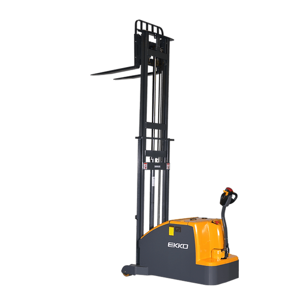 A side view of the EKKO EK14C-130 Counterbalanced Walkie Stacker with the mast fully extended to 130 inches on a transparent, checkerboard background.