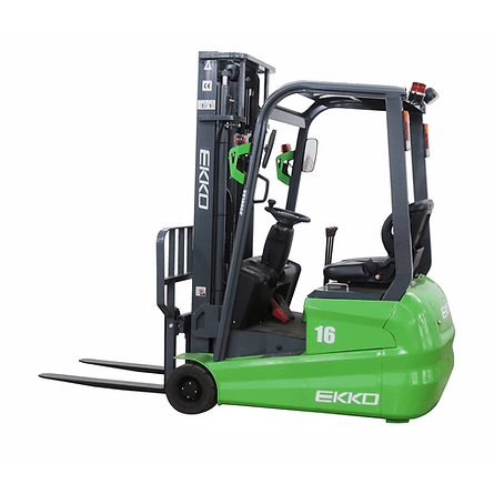 A green and gray EKKO EK16A-189Li 3-Wheel Lithium Forklift, shown from a front-angled view with the mast and forks in the lowered position on a white background.