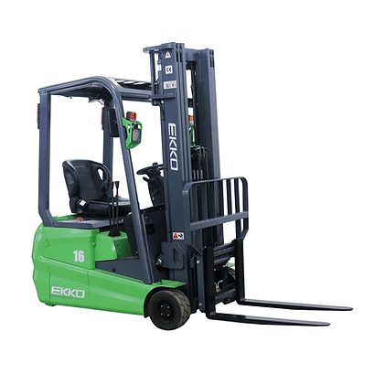 The green and gray EKKO EK16A-189Li 3-Wheel Lithium Forklift, shown from a rear-angled view, highlighting the battery compartment and single rear wheel on a white background.