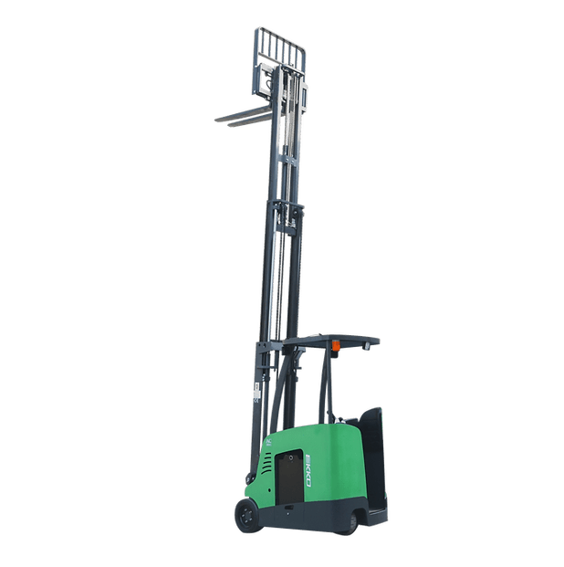 EKKO EK18RF-Li forklift with a green chassis and extended mast, shown from a side perspective against a transparent background.