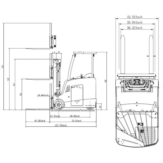 EKKO EK18RF-Li forklift specification sheet with detailed top-down, side, and front-on diagrams, and measurements in inches.