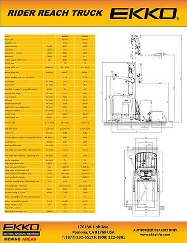 A comprehensive product sheet for the EKKO EK18RR Rider Reach Truck, featuring a blueprint-style diagram with key measurements and specifications.