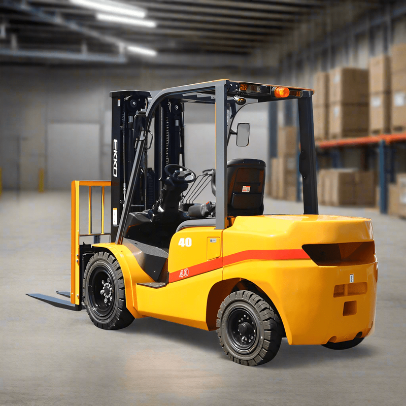 A yellow EKKO EK20D Diesel Forklift with solid pneumatic tires in a warehouse setting with stacks of boxed products in the background.