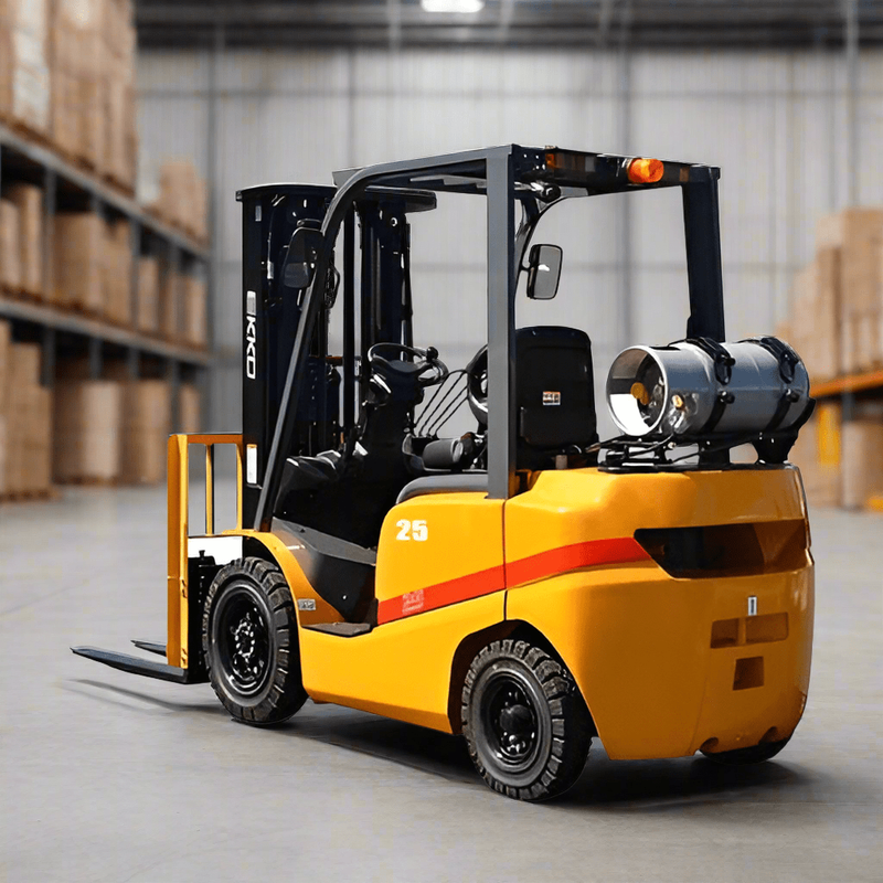 An EKKO EK25TLP Liquid Propane 4 Wheel Forklift with a 5000-pound load capacity is shown at an angle in a warehouse aisle.