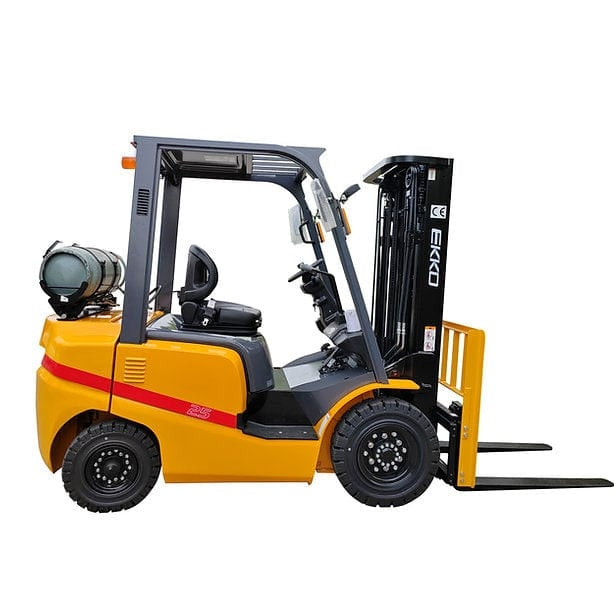 An EKKO EK25TLP Liquid Propane 4 Wheel Forklift is shown at a slight angle on a solid white background, highlighting the operator seat and PSI 2.4l engine.