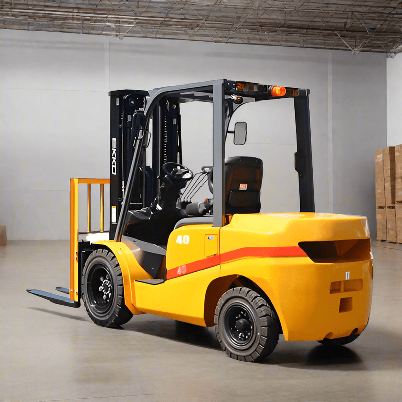 An EKKO EK30D Diesel Forklift with a 6000 lbs capacity and Mitsubishi 4EG engine is positioned in a warehouse aisle.