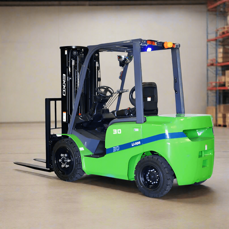An EKKO EK30GT-LI 4 Wheel Electric Forklift with a 6000 lbs load capacity and Cascade side shift, shown in a warehouse with shelving.