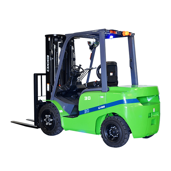 A side view of the EKKO EK30GT-LI 4 Wheel Electric Forklift with a 6000-pound capacity on a solid white background.