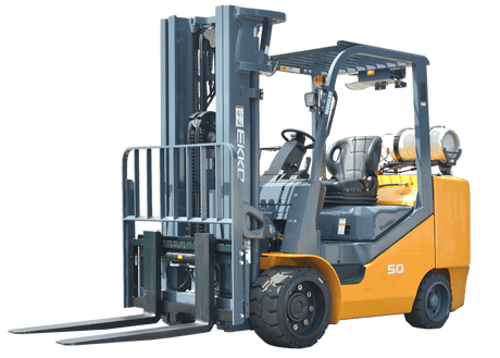 A side profile of the yellow and grey EKKO EK50LP Liquid Propane Forklift with a 10,000 lbs load capacity.