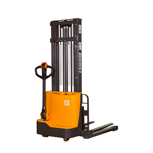 The EKKO EB13C-118 Electric Straddle Stacker from the left side, showing the hydraulic lifting mast and orange body against a white background.