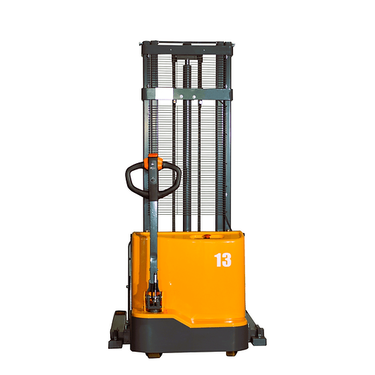 A black and orange EKKO EB13C-118 Electric Straddle Stacker shown from a front-view angle, with adjustable forks and legs, set against a white background.