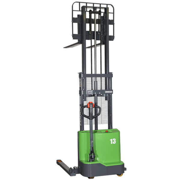 Full-rear view of the gray and orange EKKO EB13C-118Li Lithium Straddle Stacker, with the mast fully elevated, showing its maximum height capacity, set against a transparent background.