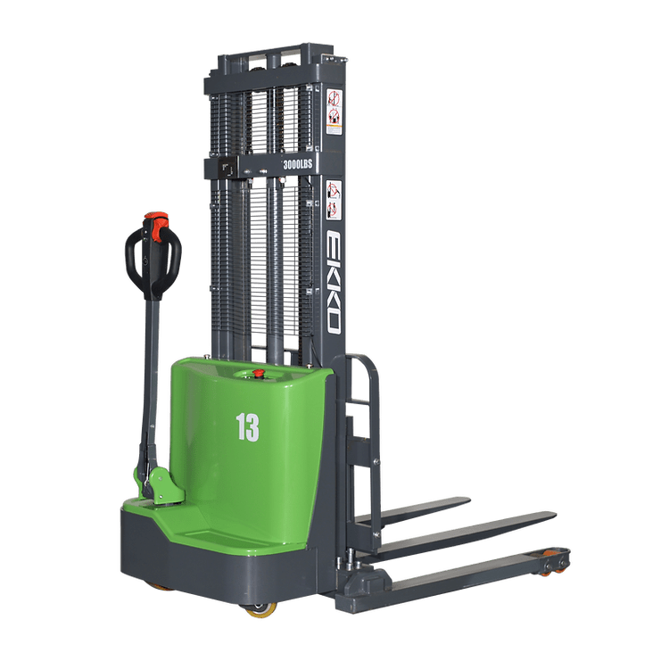 The EKKO EB13C-118Li Lithium Straddle Stacker from the left side, showing the hydraulic lifting mast and green body against a transparent background.