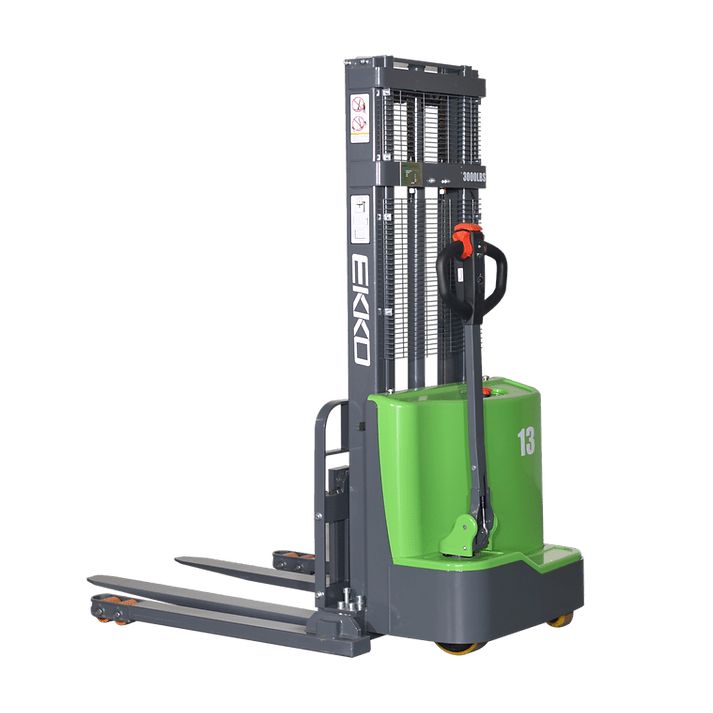 Full-front view of the black and green EKKO EB13C-118Li Lithium Straddle Stacker, with the mast fully lowered, set against a transparent background.