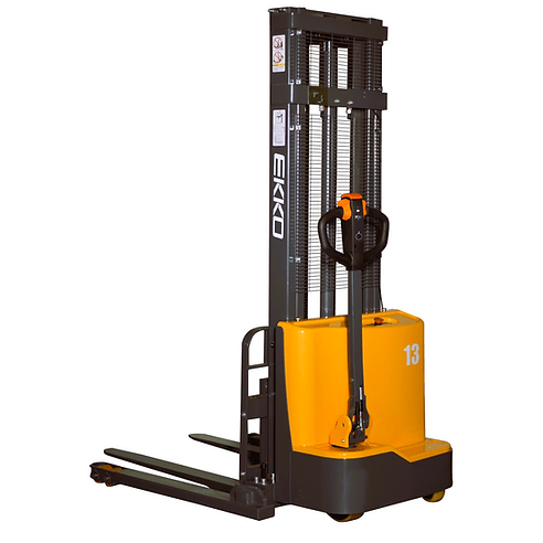 Full-front view of the black and orange EKKO EB13C-138 Electric Straddle Stacker, with the mast fully lowered, set against a white background.