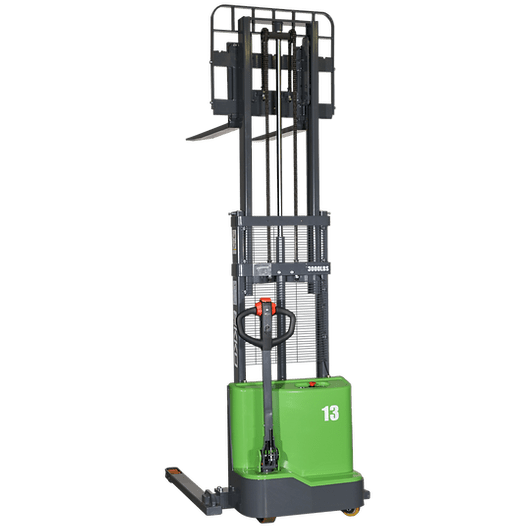 Full-rear view of the black and green EKKO EB13C-138Li Lithium Straddle Stacker, with the mast fully extended, set against a transparent background.