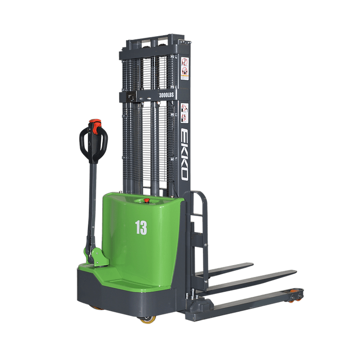 The EKKO EB13C-138Li Lithium Straddle Stacker from the left side, showing the hydraulic lifting mast and green body against a transparent background.