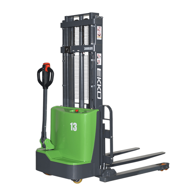 The EKKO EB13C-145Li Lithium Straddle Stacker from the left side, showing the hydraulic lifting mast and green body against a transparent background.