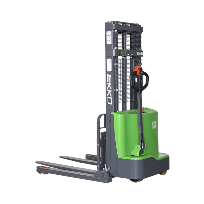 The EKKO EB13C-98Li Semi-Electric Straddle Stacker from the right side, showing the hydraulic lifting mast and green body against a transparent background.