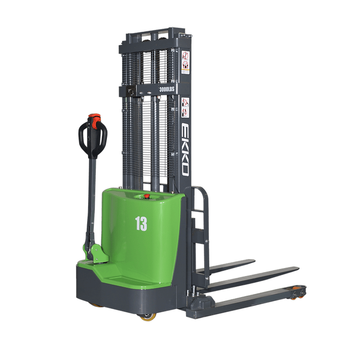 Full-front view of the black and green EKKO EB13C-98Li Electric Straddle Stacker, with the mast fully lowered, set against a transparent background.