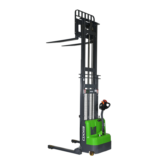 The green and gray EKKO EB14C-138Li Electric Straddle Stacker with its forks and mast fully extended to a maximum lifting height of 138 inches, set against a transparent background.