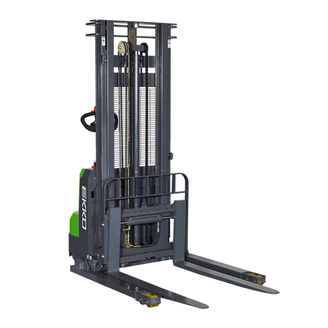 Front-view of the green and gray EKKO EB14CS-118Li Lithium Straddle Stacker on a transparent background, showcasing its straddle legs and hydraulic mast.