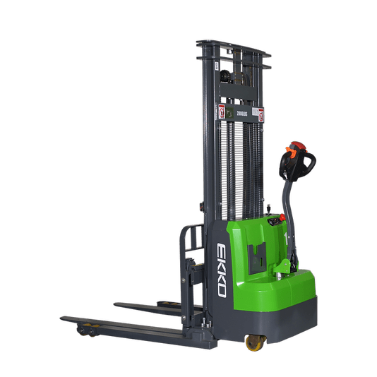 An EKKO EB14CS-145Li Electric Straddle Stacker with a 3000 lbs capacity and adjustable legs is angled on a transparent, checkerboard background.
