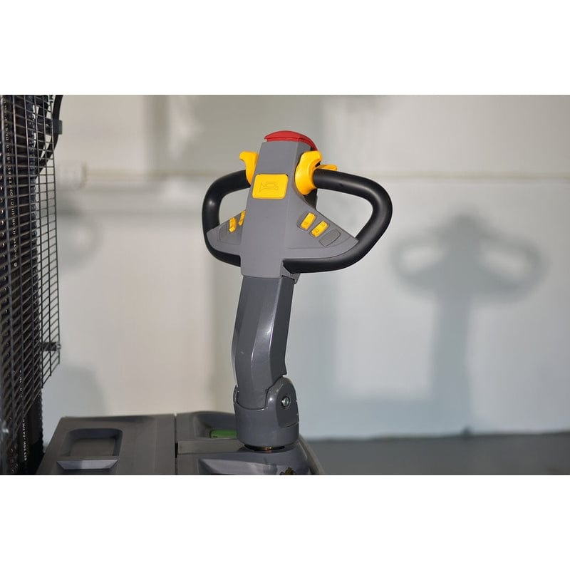 A close-up view of the ergonomic handle and controls of the EKKO EB20CS-177LI Electric Straddle Stacker.