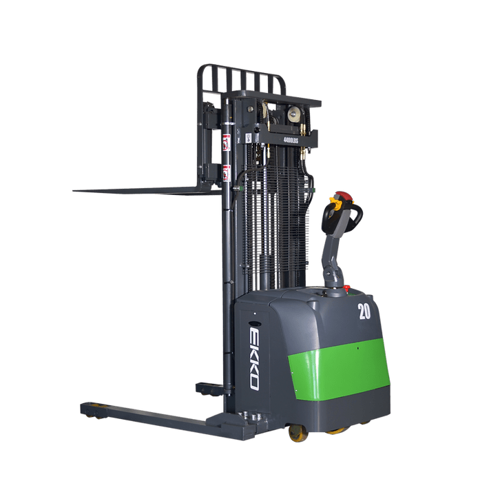 An EKKO EB20CS-177LI Electric Straddle Stacker with a 4,400 lbs load capacity on a transparent, checkerboard background.