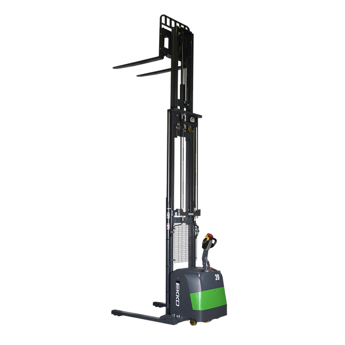 A side view of the EKKO EB20CS-189Li Electric Straddle Stacker with the mast and forks extended on a transparent, checkerboard background.