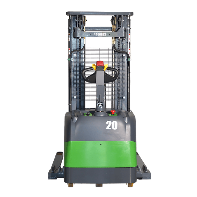 Front view of the EKKO EB20CS-189Li Lithium Electric Straddle Stacker, a heavy-duty material handling machine with 4,400 lb load capacity and 189-inch lift height, designed for warehouses, stockrooms, and manufacturing operations
