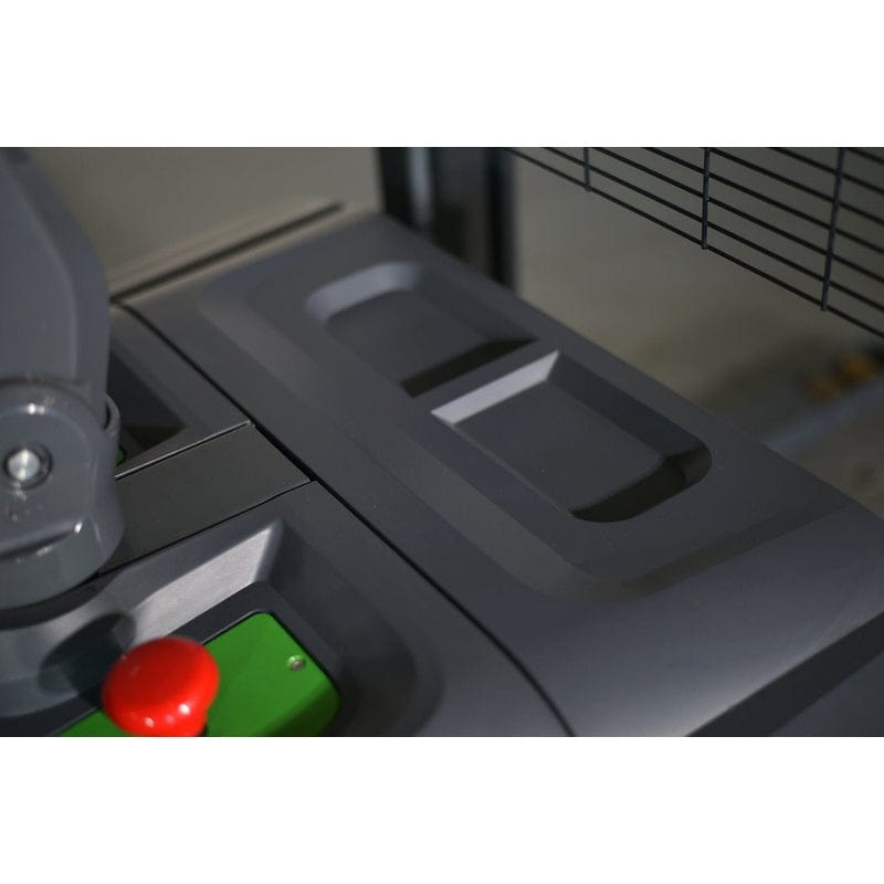 A close-up of the red emergency stop button and controls of the EKKO EB20CS-216Li Electric Straddle Stacker.