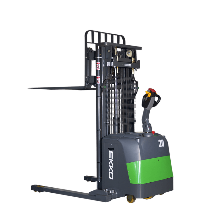 An EKKO EB20CS-216Li Electric Straddle Stacker with a 4,000 lbs load capacity on a transparent, checkerboard background.