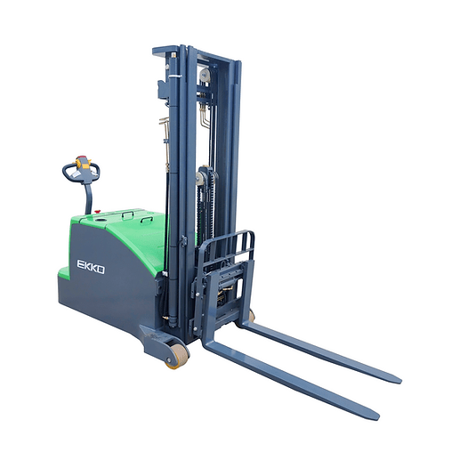 A side view of the green and gray EKKO EK14C-130Li Counterbalanced Walkie Stacker, highlighting the 130-inch lift height on a white background