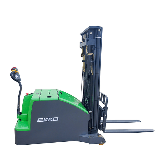 A green and gray EKKO EK14C-130Li Counterbalanced Walkie Stacker with a 3000 lbs load capacity on a white background.