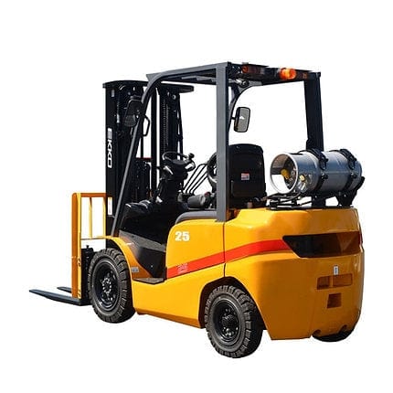 A yellow EKKO EK20TLP Liquid Propane Forklift with solid pneumatic tires on a white background, highlighting its side profile.