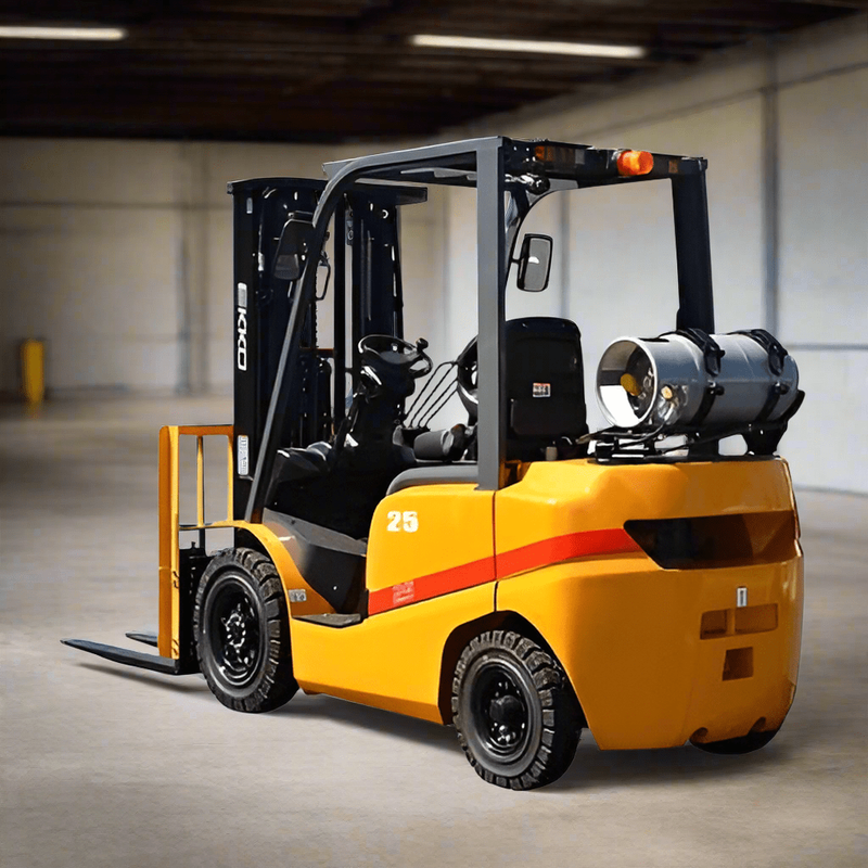 A yellow EKKO EK20TLP Liquid Propane Forklift with solid pneumatic tires in a warehouse setting
