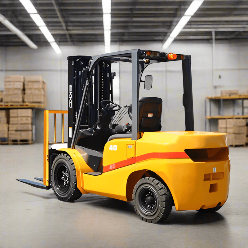 A yellow EKKO EK25D Diesel Forklift with solid pneumatic tires in a warehouse setting with stacks of boxed products in the background.