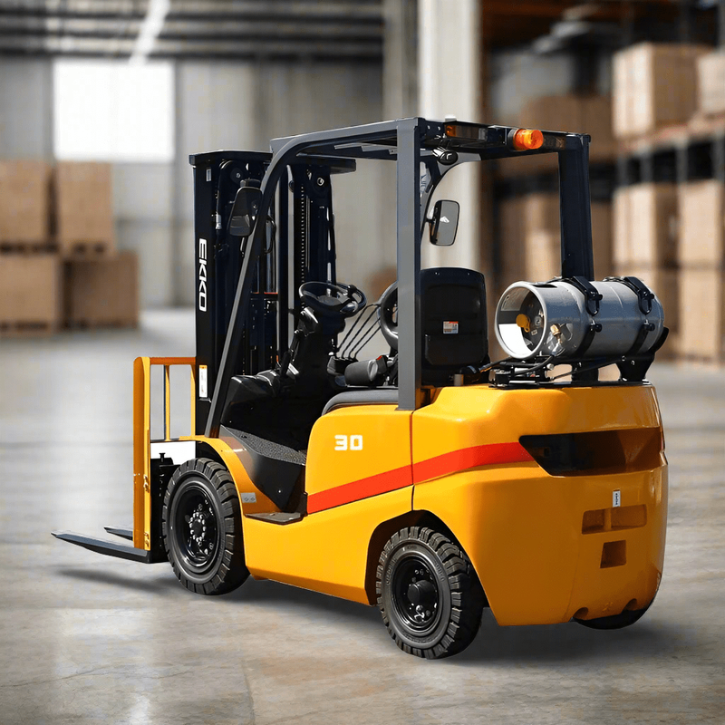 An EKKO EK30TLP 4 Liquid Propane Forklift with a 6000 lbs load capacity and Cascade side shift, shown in a warehouse with shelving.