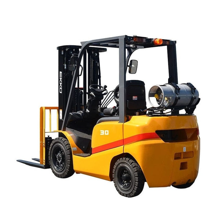 A side view of an EKKO EK35D Diesel Forklift with a 7000-pound capacity on a solid white background.