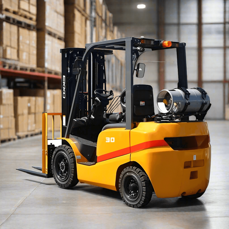 An EKKO EK35D Diesel Forklift with a 7000 lbs capacity and Mitsubishi 4EG engine is positioned in a warehouse aisle.