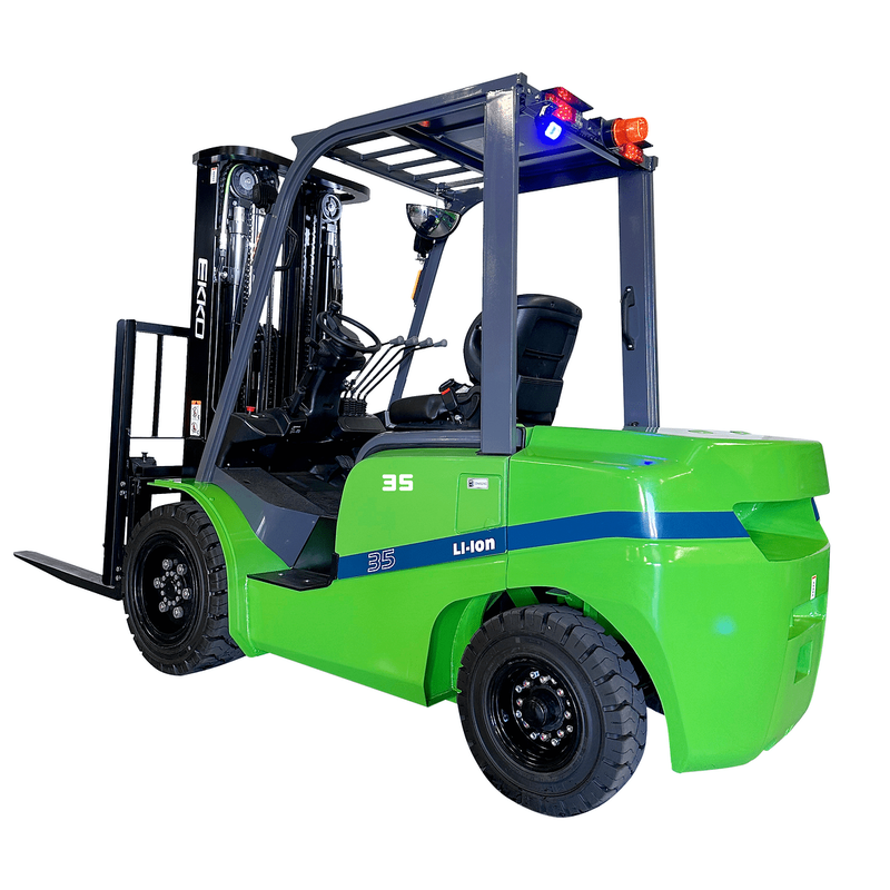 A side view of the EKKO EK35GT-Li Lithium Powered Forklift with a 7000-pound capacity on a solid white background.