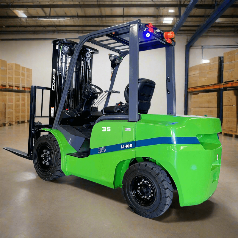 An EKKO EK35GT Lithium Powered Forklift with a 7000 lbs load capacity and Cascade side shift, shown in a warehouse with shelving.