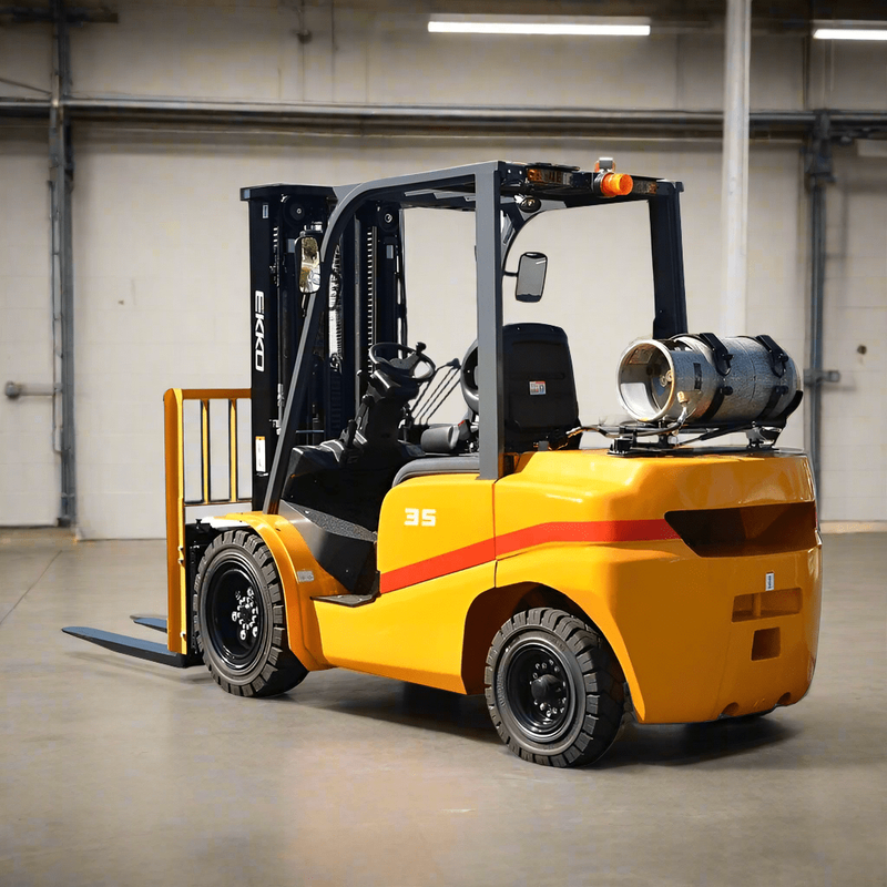 An EKKO EK35TLP Lithium Powered Forklift with a 7000 lbs load capacity and Cascade side shift, shown in a warehouse with shelving.