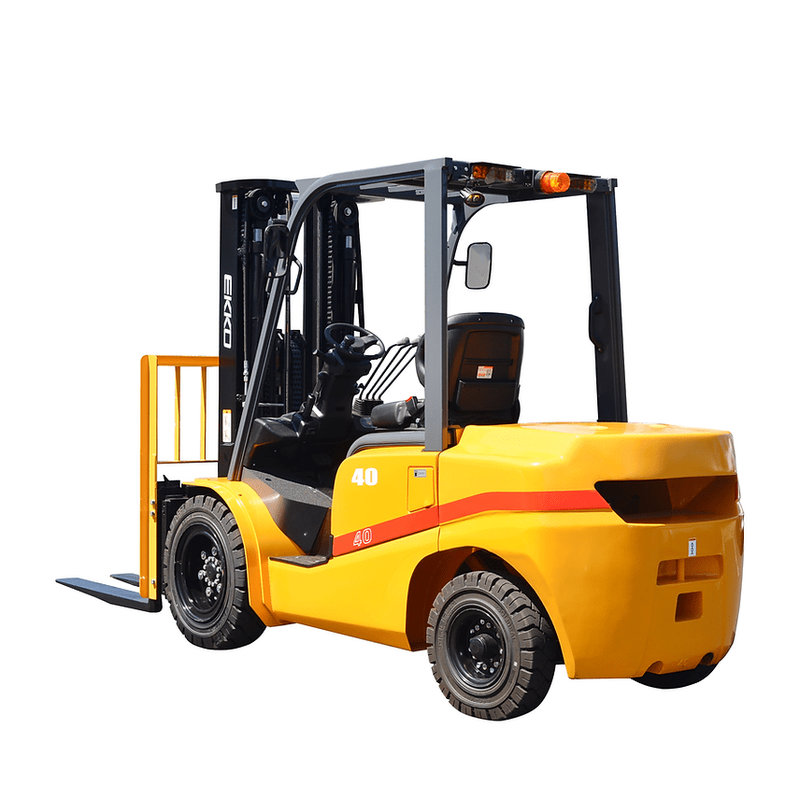 A side view of the EKKO EK40DWheel Diesel Forklift with a 8500-pound capacity on a solid white background.