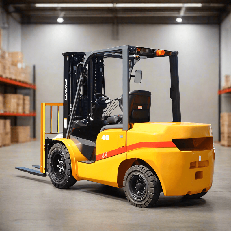 An EKKO EK40D Diesel Forklift with a 8500 lbs load capacity and Cascade side shift, shown in a warehouse with shelving.